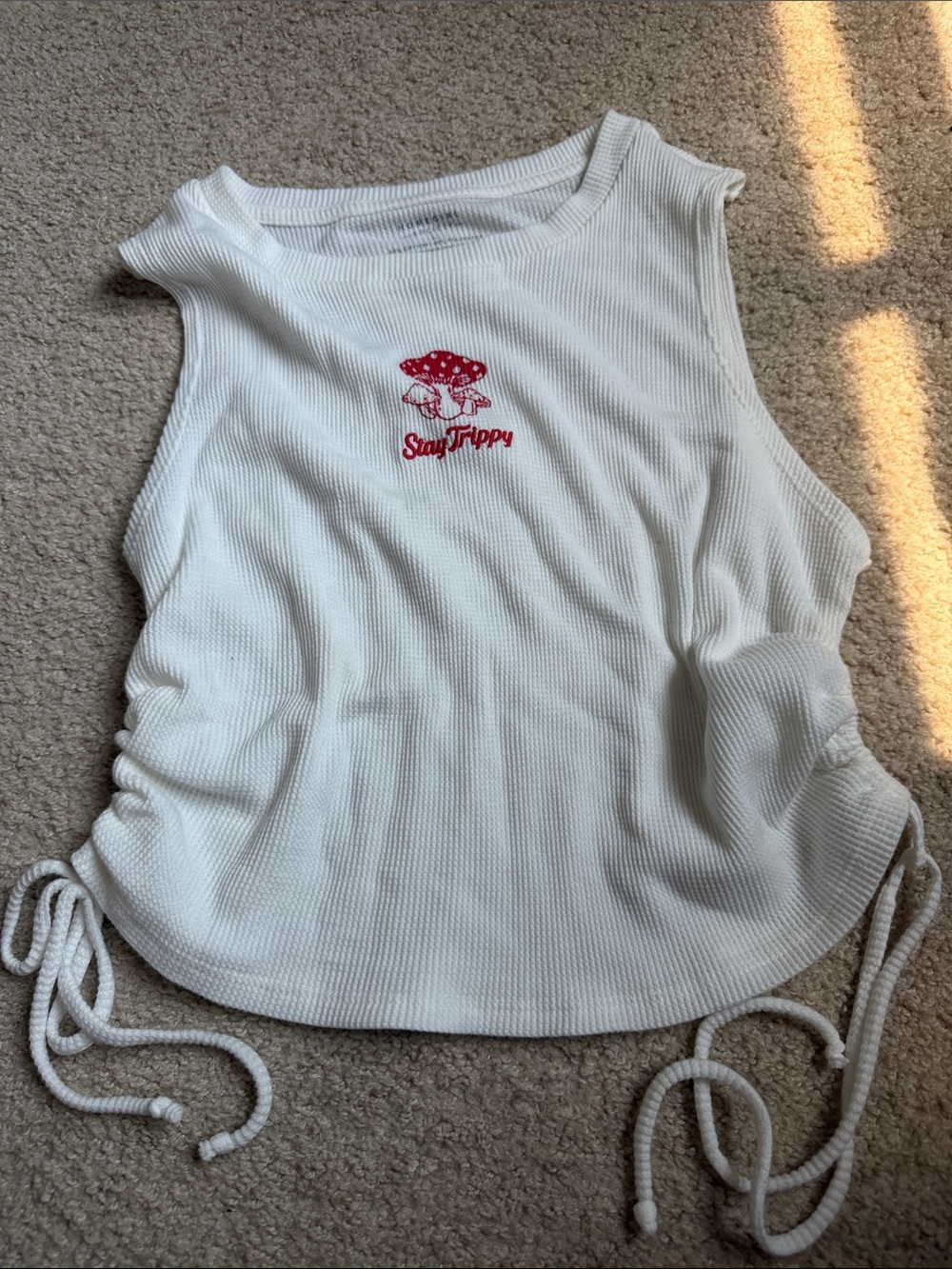 Stay Trippy White Ribbed Tank Top with Red Embroidery